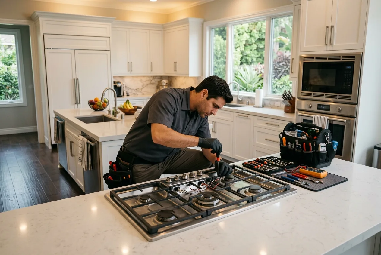 Technician repairing a gas range stove inside a Calabasas California residential kitchen