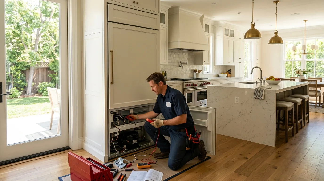 Professional appliance repair technician working on a built-in refrigerator inside a Calabasas California home kitchen