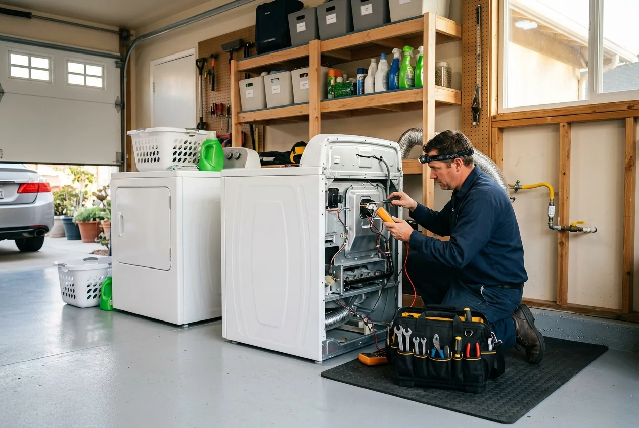 Technician repairing a dryer inside a residential garage laundry setup in Lake Balboa, California