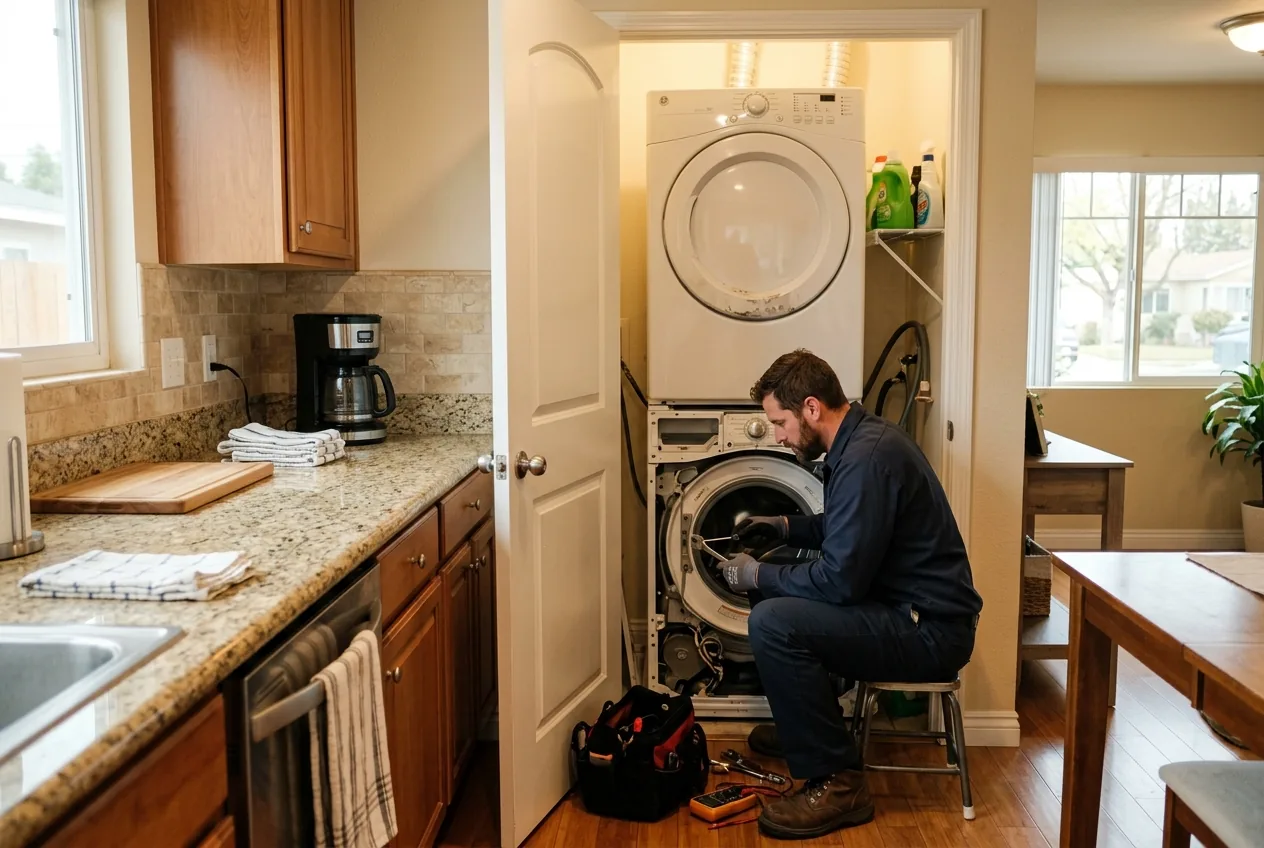 Technician diagnosing a refrigerator inside a North Hollywood California apartment kitchen
