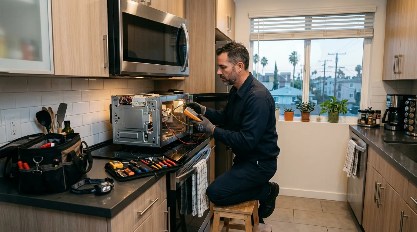 Professional appliance repair technician servicing a microwave inside a North Hollywood California apartment kitchen