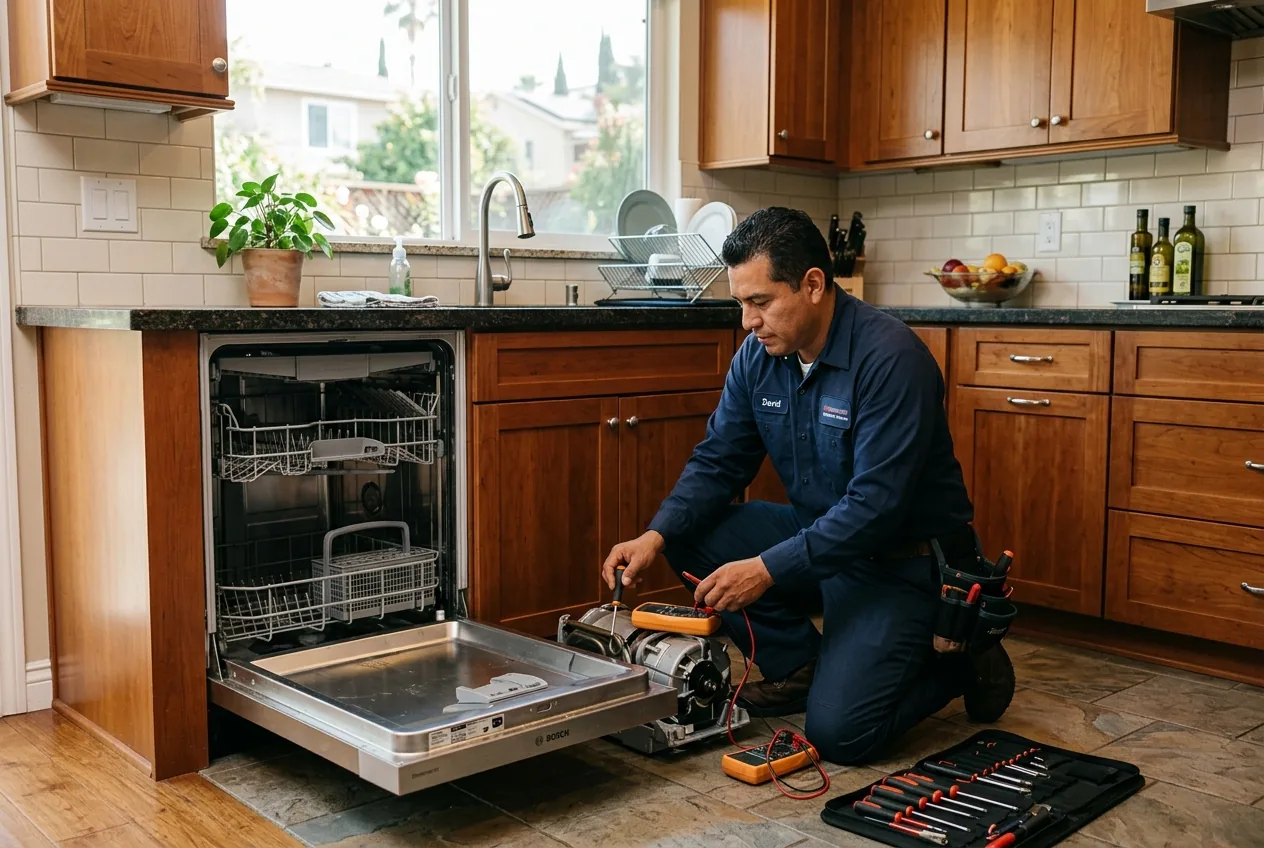 Technician diagnosing a dishwasher inside a Sherman Oaks California home kitchen